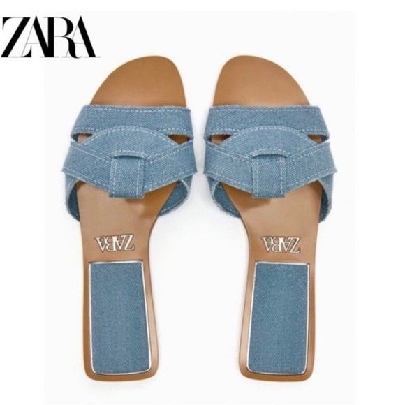 NWT Zara Women’s Denim Flat Sandals - Picture 1 of 7